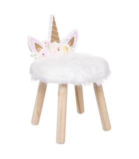 Tabouret Pour Enfant Licorne En Bois Et Fourrure Blanche H 40 Cm