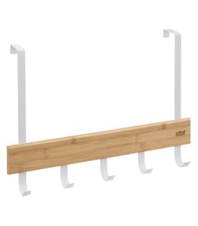 Porte-serviettes De Porte 5 Accroches En Métal Blanc Et Bambou