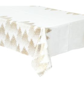 Nappe De Fêtes Blanche Imprimé Sapin Doré 140 X 360 Cm