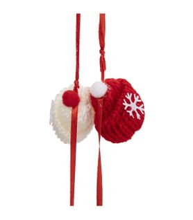 Guirlande De Noël Bonnets Avec Pompon Et Flocon Sur Ruban Satin Rouge L 200 Cm