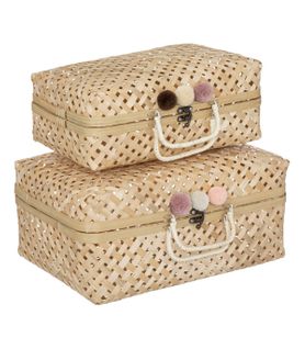 Lot De 2 Valises De Rangement Enfant En Bambou Avec Pompons