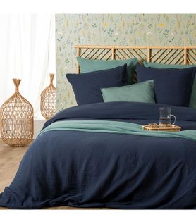 Parure De Lit 2 Personnes En Gaze De Coton Bleu Gris 260 X 240 Cm  Housse De Couette Avec 2 Taies