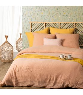 Parure De Lit 2 Personnes En Gaze De Coton Rose  260 X 240 Cm Housse De Couette Avec 2 Taies