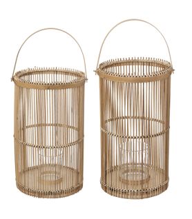 Lot De 2 Lanternes Photophore En Bambou Bougeoirs En Verre