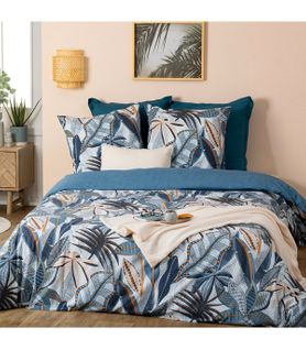 Parure De Lit 2 Personnes 240 X 220 Cm Housse De Couette Avec 2 Taies Imprimé Nikau Bleu