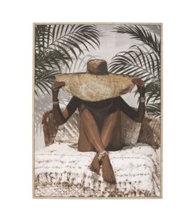 Tableau Toile Murale Imprimée Et Encadrée Femme à Chapeau De Paille 58 X 78 Cm