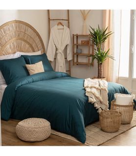 Parure De Lit 2 Personnes En Percale De Coton Bleu Egéen 260 X 240 Cm Housse De Couette Avec 2 Taies