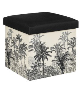 Pouf Et Coffre De Rangement En Bois Et Tissu Imprimé Noir et Blanc 38 X 38 Cm