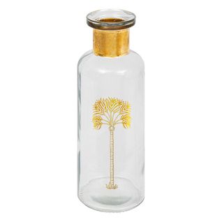 Vase Bouteille En Verre Transparent Motif Palmier Doré H 21.5 Cm