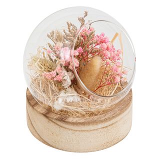 Compo De Fleurs Séchées Dans Une Boule En Verre Sur Support En Bois