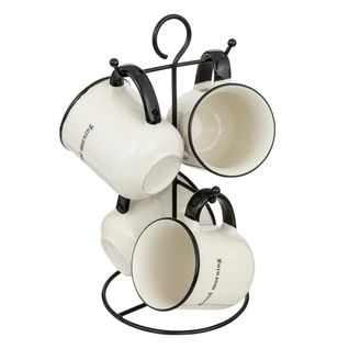 Lot De 4 Mugs Sur Rack "alix" 20cl Blanc et Noir