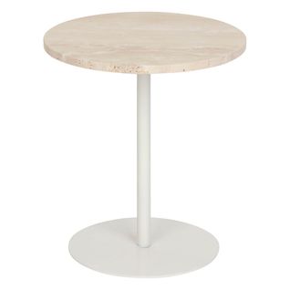 Table D'appoint En Travertin Beige Et Pied En Métal Blanc D. 40 X H. 45 Cm