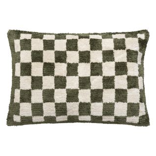 Coussin Décoratif Motif Damier Tufté Vert Kaki 38 X 58 Cm