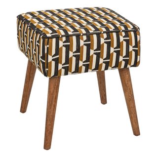 Tabouret D'appoint En Bois Et Tissu Chenille Noir, Jaune Ocre Et Blanc