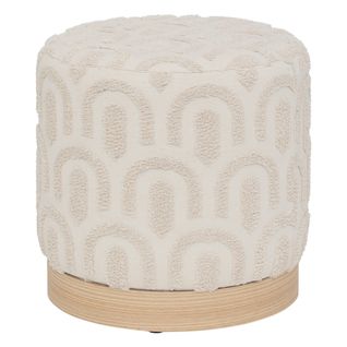 Pouf En Tissu Blanc Tufté Et Pied En Bois