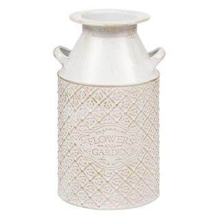 Pot à Lait Décoratif En Fer Blanc Patine Mordorée Et Motifs Floraux H 31.5 Cm