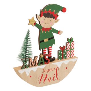 Déco De Noël En Bois Lutin Avec Sapin Et Paquets H 17 Cm