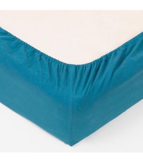 Drap Housse 2 Personnes En Coton Lavé Bleu Canard 140 X 190 Cm