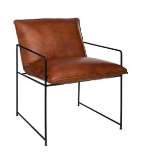 Fauteuil Rétro Industriel  En Cuir Cognac Et Structure En Métal Noir