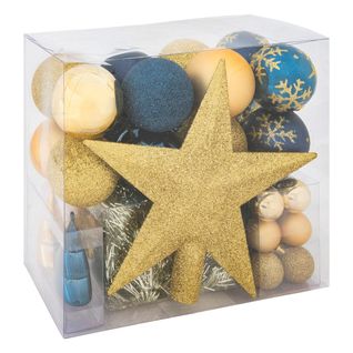 Déco De Sapin De Noël Kit 44 Pièces, Boule, Guirlande Et Cimier - Bleu Et Or