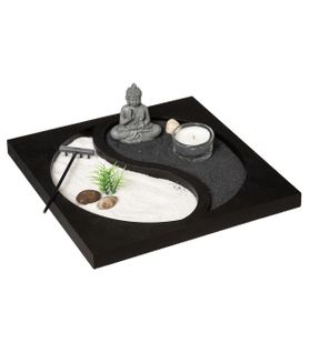 Jardin Zen Yin Yang Bouddha Sur Un Plateau Avec Bougie Et Décoration