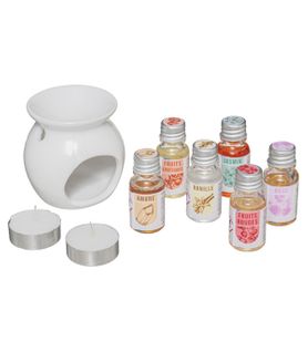 Coffret Senteur 9 Pièces 1 Brûle Parfum 6 Flacons D'huile Parfumée Et 2 Bougies
