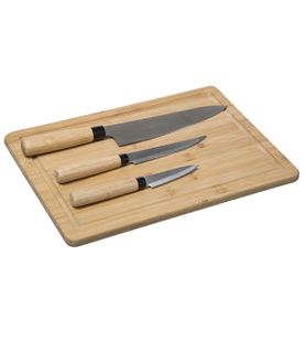 Planche à Découper En Bambou Avec 3 Couteaux Lames En Inox 35 X 25 Cm