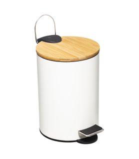 Poubelle De Salle De Bain En Métal Blanc Et Couvercle En Bambou 3 L