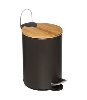 Poubelle De Salle De Bain En Métal Noir Charbon Et Couvercle En Bambou 3 L