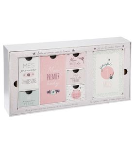 Coffret Naissance Boite Souvenir 6 Tiroirs Et Set De 12 Cartes Étapes