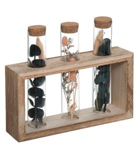 Fleurs Séchées Dans 3 Tubes En Verre Support En Bois L 21 X H 17.2 Cm