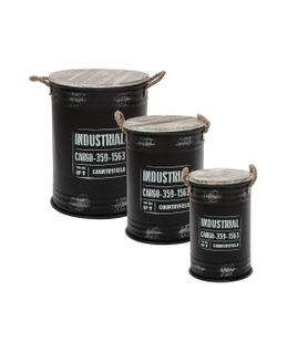 Lot De 3 Coffres Bidon En Métal Noir Industrial Rétro Factory