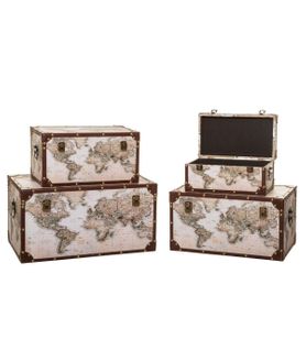 Set De 4 Malles De Rangement Décor Mappemonde Vintage Loft