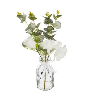 Composition Florale Artificielle Eucalyptus Et Fleurs Vase En Verre H 41 Cm