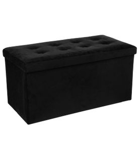 2 En 1 Pouf Pliant Double Et Coffre De Rangement Velours Noir 76 X H 38 Cm