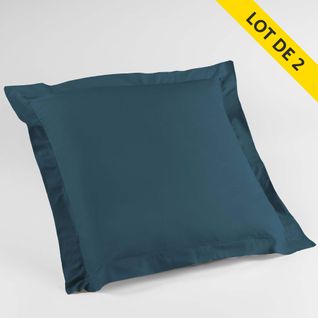 Lot De 2 Taies D'oreiller Volant Plat 63x63 100% Coton 57 Fils Finition Point Bourdon  Bleu Nuit