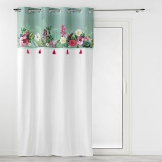 Rideau à Oeillets 140 X 240 Cm Coton Uni + Top Imprimé Floral et Pompons – Anabella Vert