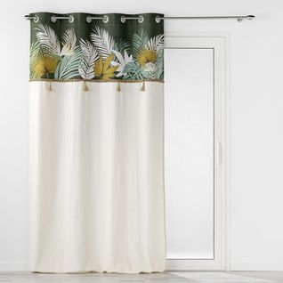 Rideau à Oeillets 140 X 240 Cm Coton Uni + Top Imprimé Tropical et Pompons – Tropilia Kaki