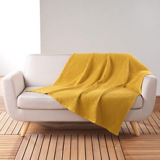 Plaid Gaufrette En Coton Uni Jaune 125x150