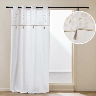 Rideau à Oeillets 140 X 240 Cm – Coton / Polyester – Haut Métallisé et Pompons – Duchesse Blanc