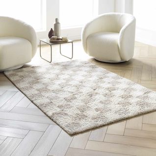 Tapis Rectangle 120 X 170 Cm – Shaggy Damero – Effet Damier Beige Et Ivoire