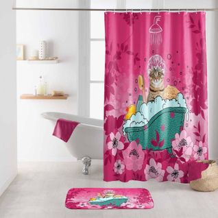 Rideau De Douche Imprimé "chatibulle" 180x200cm Rose