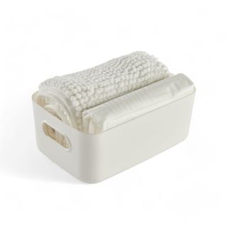 Set De Douche 3 Accessoires Rideau Tapis Panier Bathroom Blanc