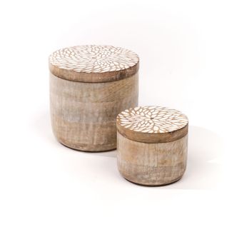 Lot De 2 Boîtes Rondes Motif Devant Bois Mango Wood Beige