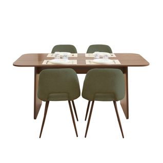 Ensemble Repas Table à Manger Lango Effet Noyer Et 4 Chaises Elisabeth Tissu Vert Pieds Effet Noyer