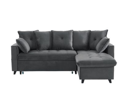 Canapé D'angle Lou Convertible 4 Places Velours Gris Angle Réversible Et Coffre