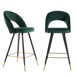 Lot De 2 Tabourets Basile En Velours Vert Avec Pieds Noir Et Doré