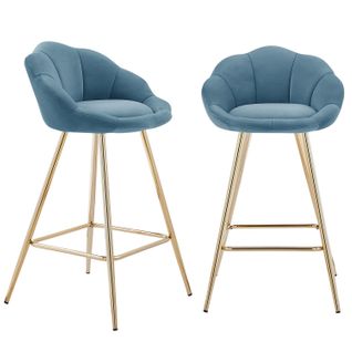 Lot De 2 Tabourets Corail En Velours Bleu Avec Pieds Dorés