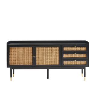 Buffet Leon Placage Chêne Noir Et Cannage Rotin 180cm