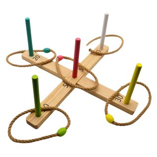 Jeu De Lancer D’anneaux En Bois – 5 Piquets Colorés Et 5 Anneaux En Corde – Jeu D’adresse Extérieur